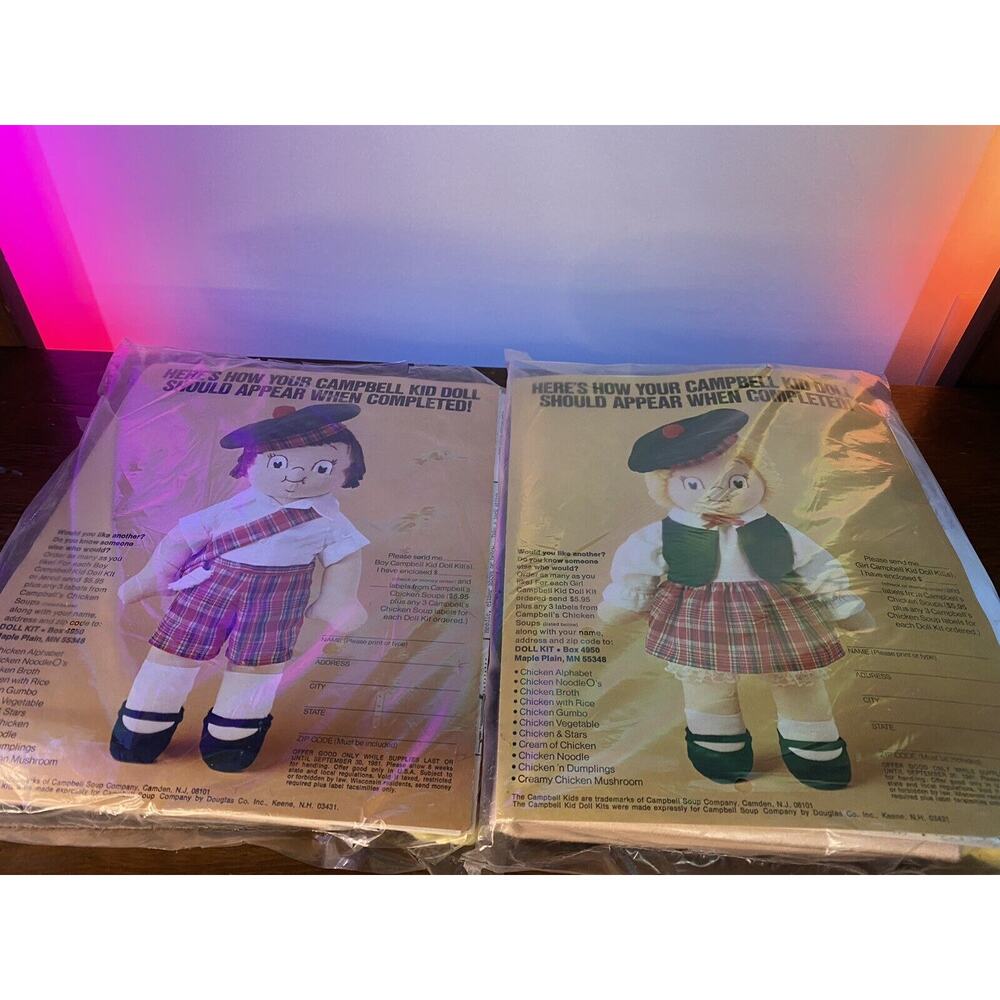 Vintage 1982 Campbell Soup Kid Cloth Dolls Complete Craft Kit Lot of 2